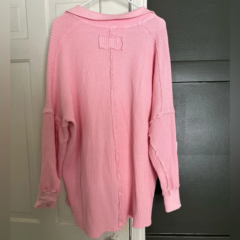 We the Free Thermal Oversized Collared Top Travis Waffle Polo Size Small Pink - Picture 4 of 7